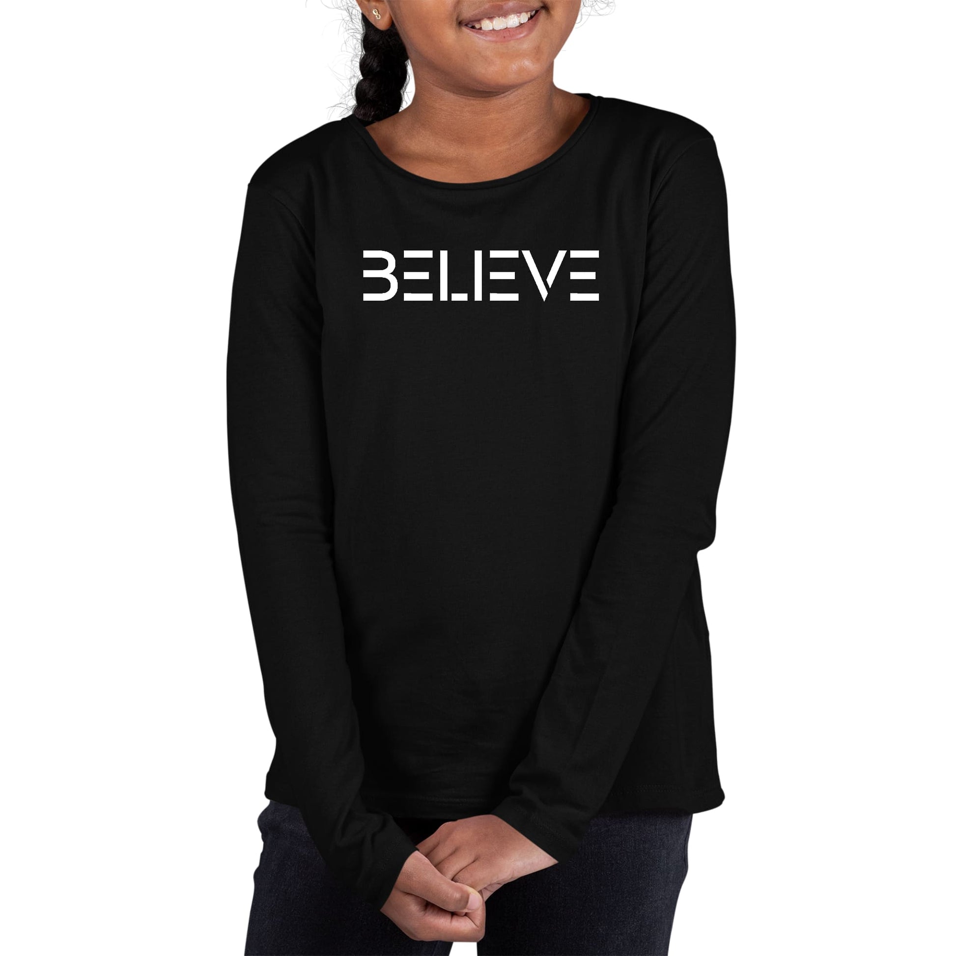 Youth Long Sleeve Graphic T-shirt, Believe White Print-0