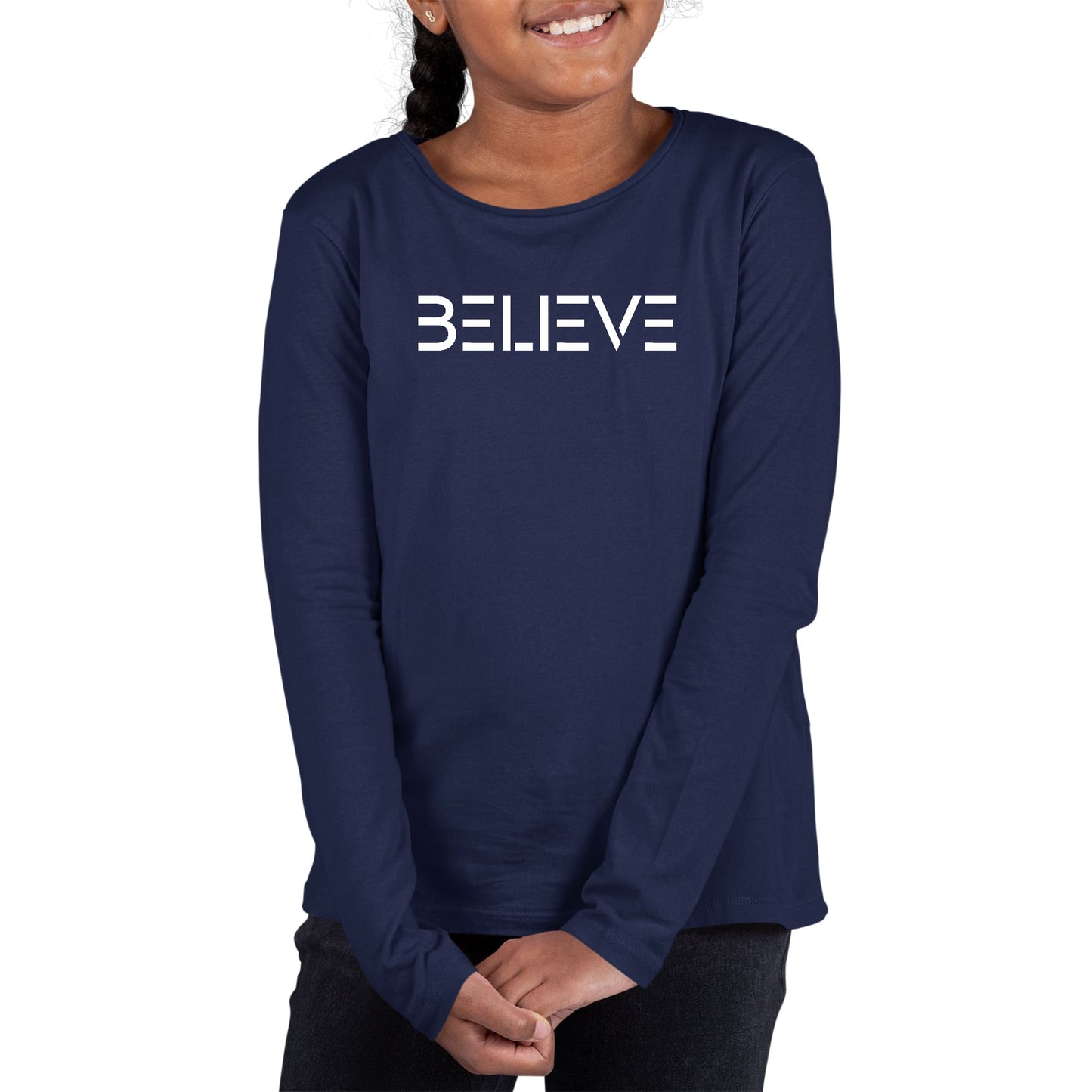 Youth Long Sleeve Graphic T-shirt, Believe White Print-1