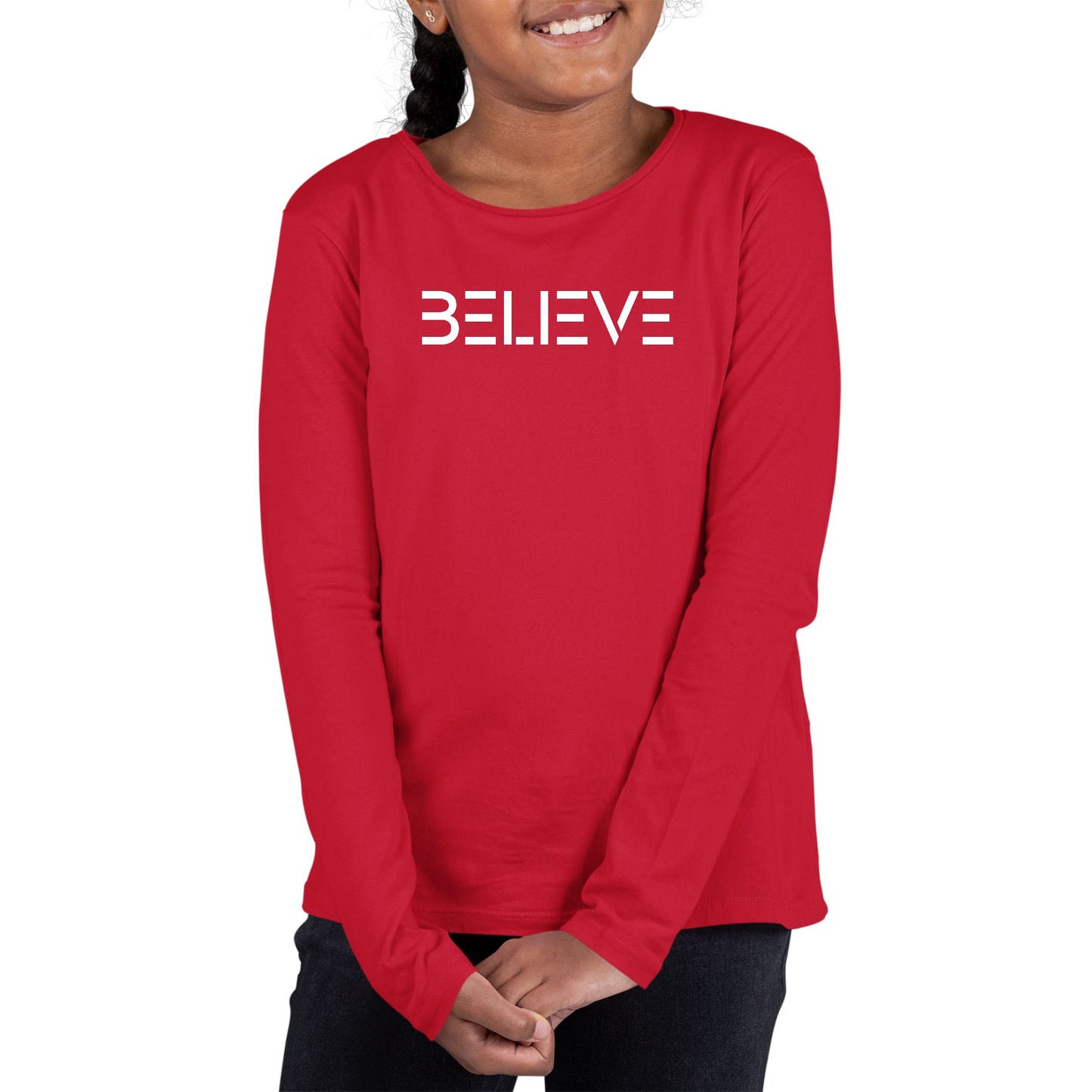 Youth Long Sleeve Graphic T-shirt, Believe White Print-2