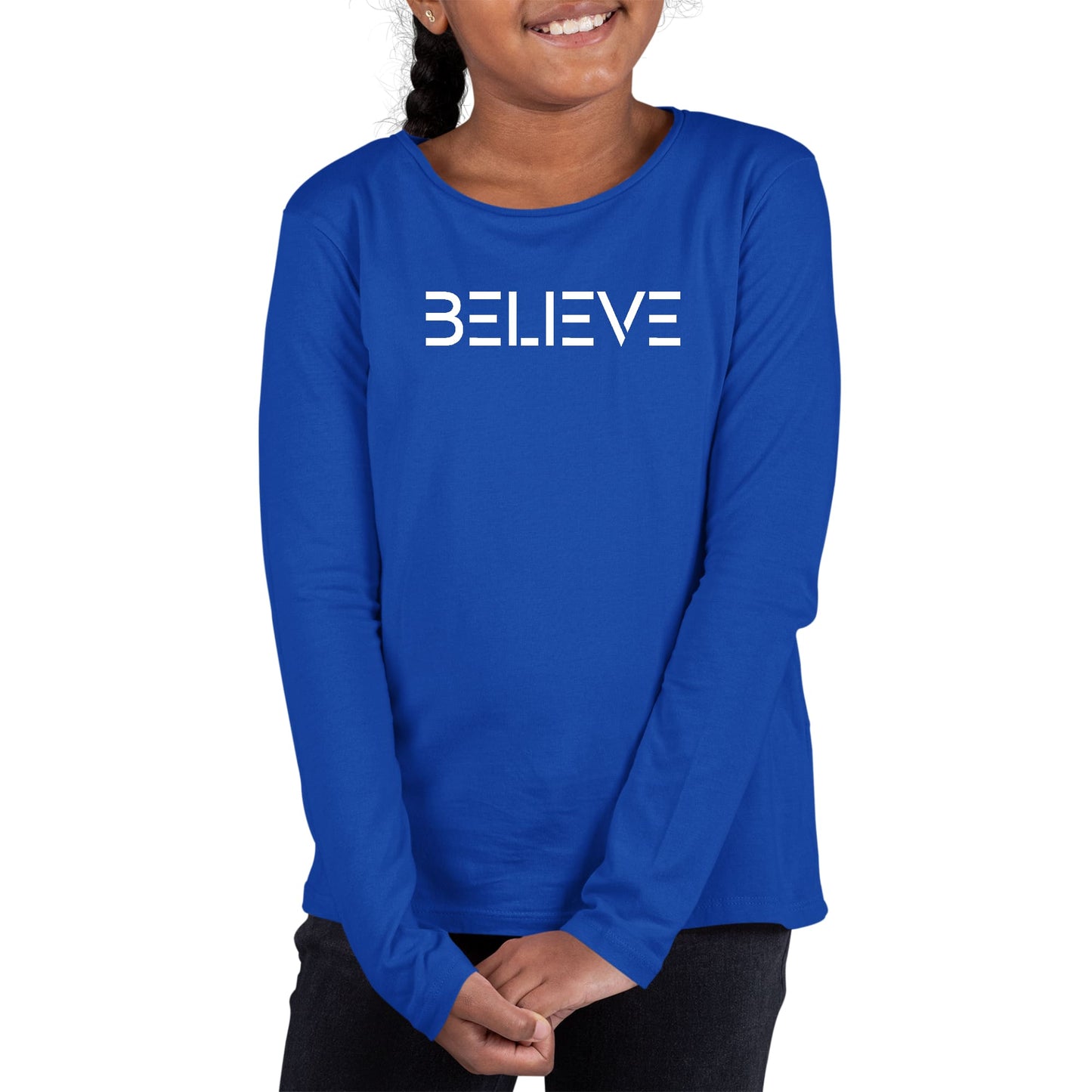 Youth Long Sleeve Graphic T-shirt, Believe White Print-3