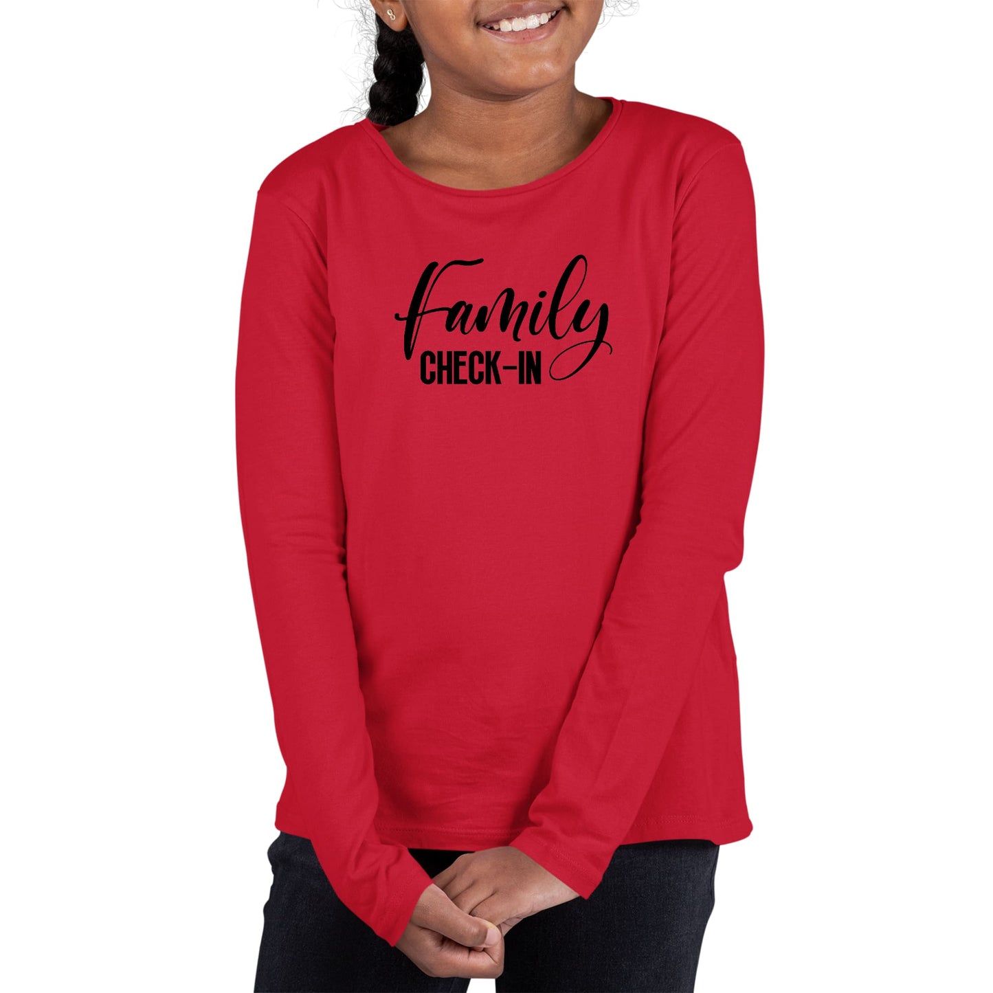 Youth Long Sleeve Graphic T-shirt, Family Check-in Illustration-1