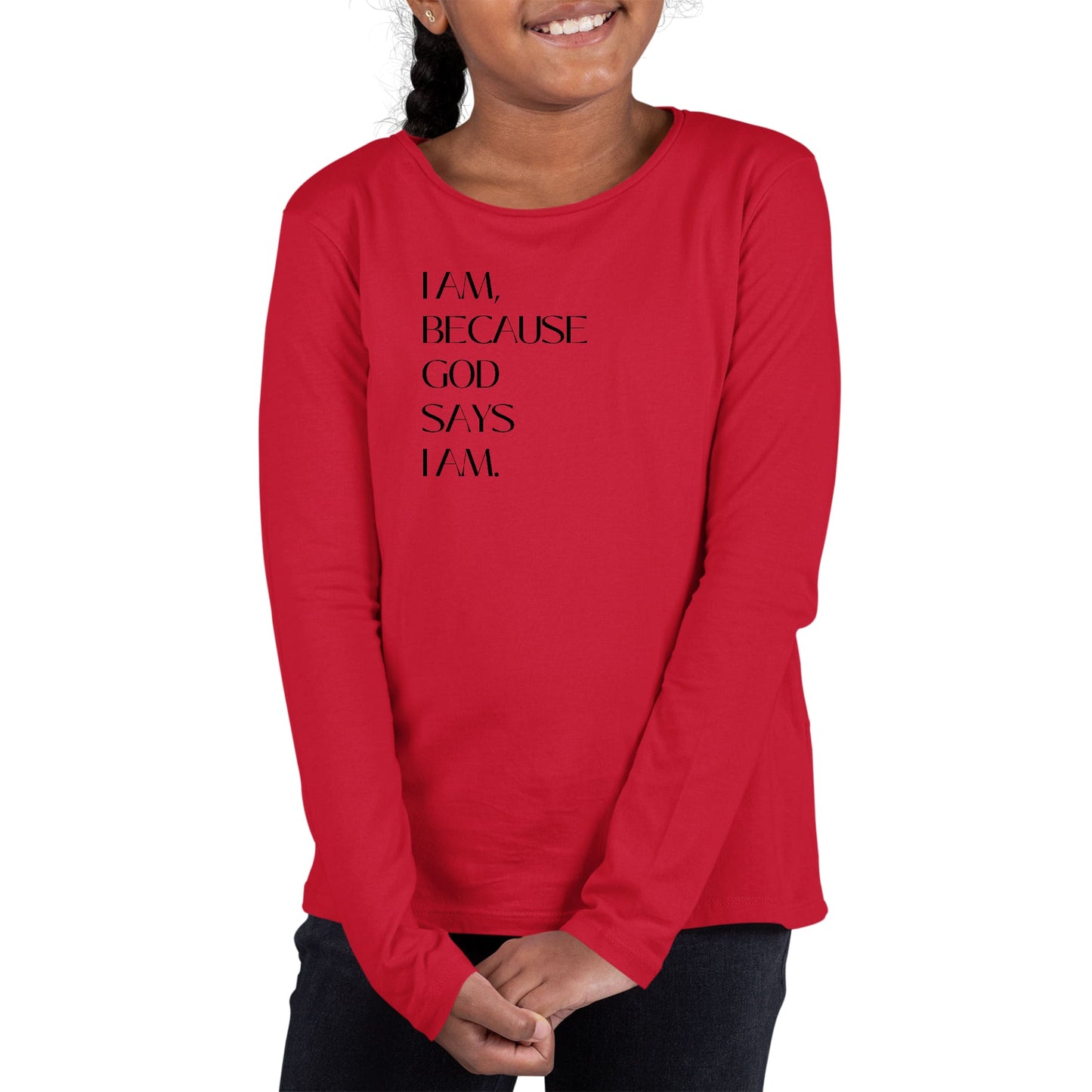 Youth Long Sleeve Graphic T-shirt, Say it Soul, i am Because God Says-1