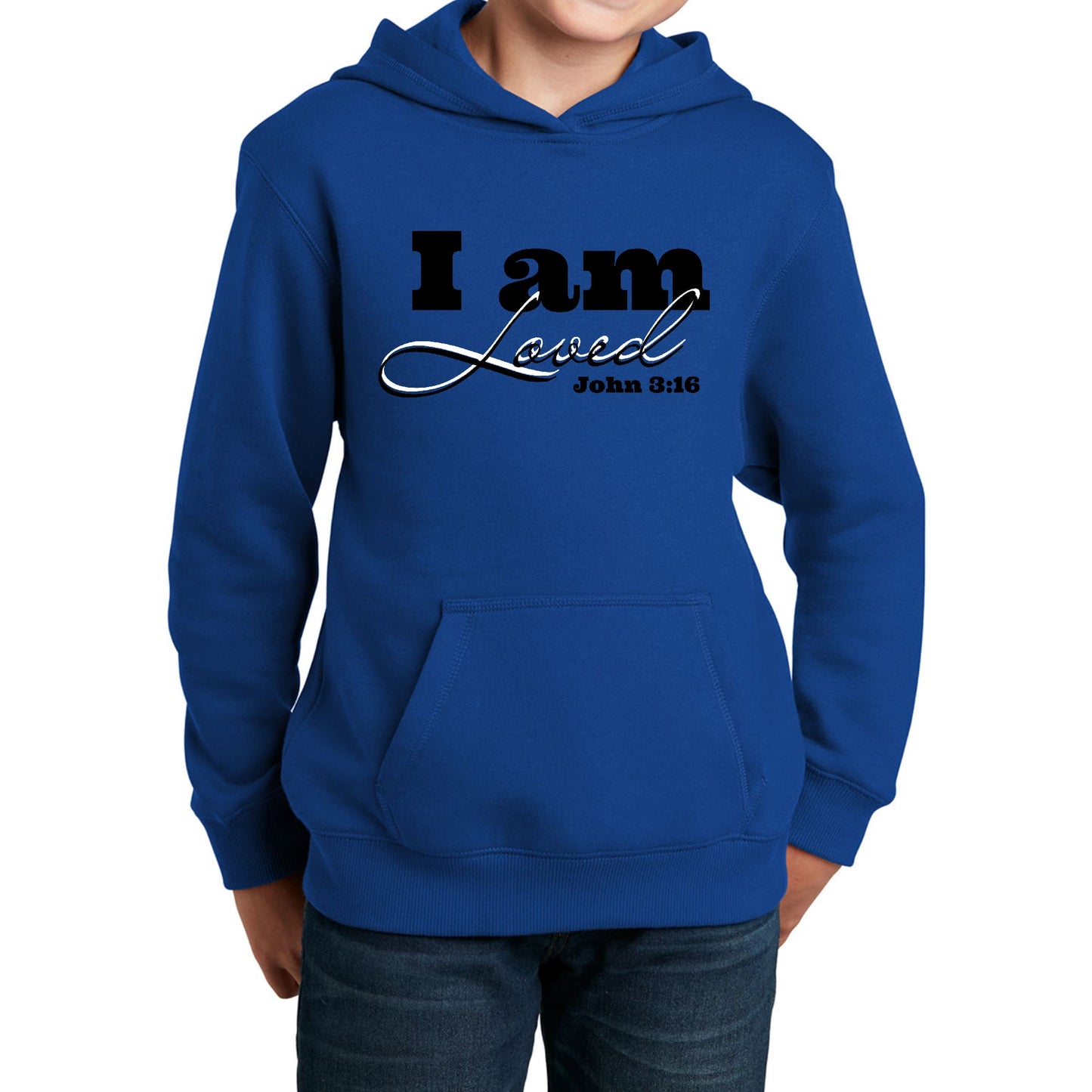 Youth Long Sleeve Hoodie i am Loved - John 3:16 Black Illustration-2