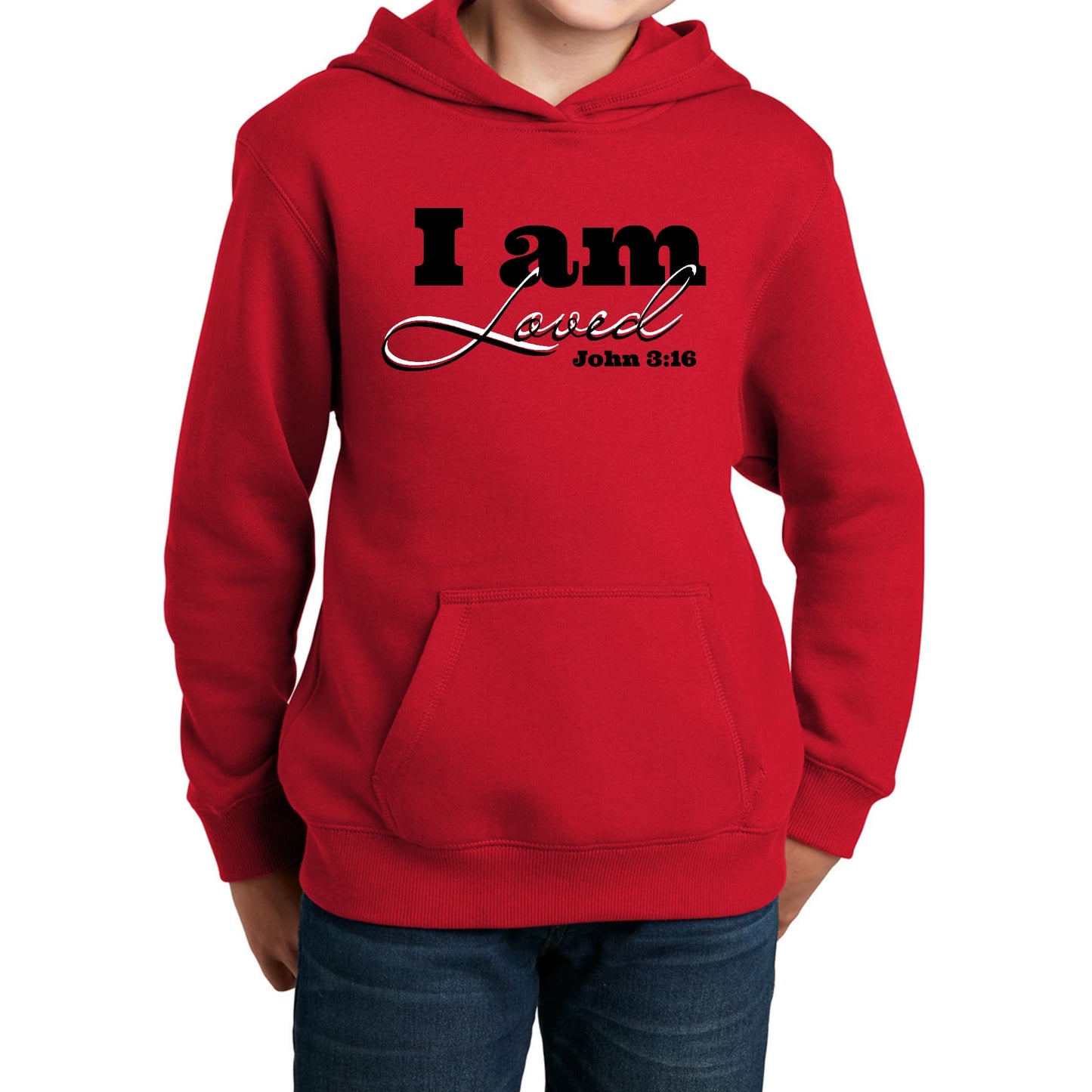 Youth Long Sleeve Hoodie i am Loved - John 3:16 Black Illustration-1