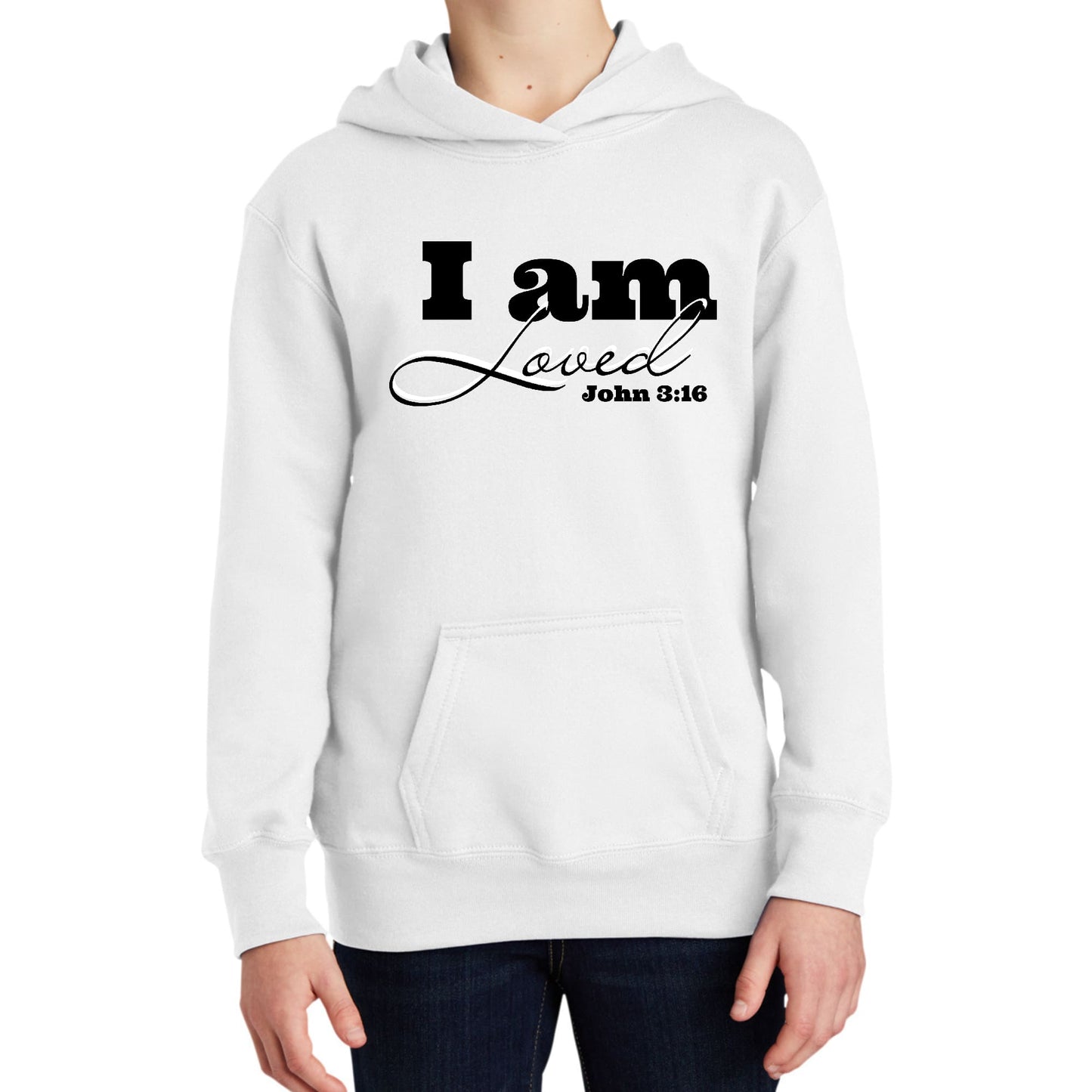 Youth Long Sleeve Hoodie i am Loved - John 3:16 Black Illustration-0