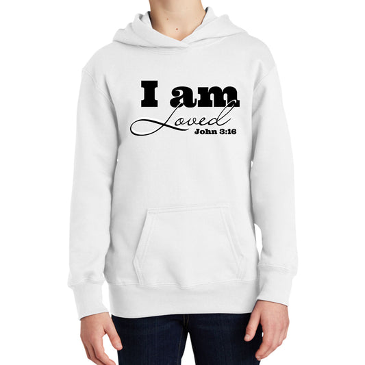 Youth Long Sleeve Hoodie i am Loved - John 3:16 Black Illustration-0